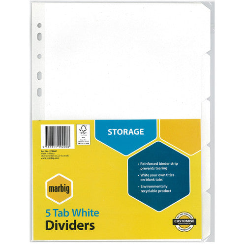 Marbig 5 Tab White Dividers A4 in the yellow and teal pack listing a reinforced binder strip and blank tabs