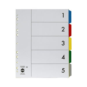 Marbig 36100 extra wide A4 polypropylene dividers with five plain coloured tabs and a contents page numbered 1 to 5