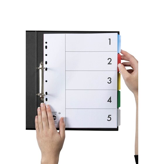 Hand turning an extra wide Marbig coloured divider in a black A4 2 ring binder, blue and red tabs showing on the right