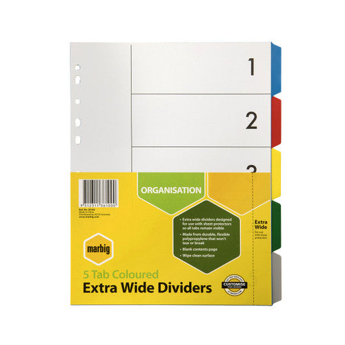 Marbig 5 Tab Coloured Extra Wide Dividers in retail pack, card cover noting use with sheet protectors so all tabs remain visible