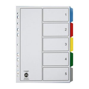 Marbig 35010 white polypropylene A4 divider set with five plain tabs in blue, red, yellow, green and grey and a contents page boxed 1 to 5