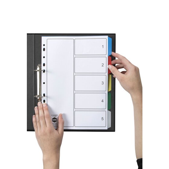 Hands turning a coloured tab on a Marbig 5 tab polypropylene divider set filed in a black 2 ring binder
