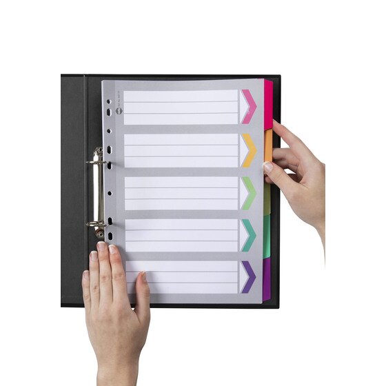 Hands turning a fluoro tab in the Marbig 5 tab reinforced A4 divider set filed in a black 2 ring binder
