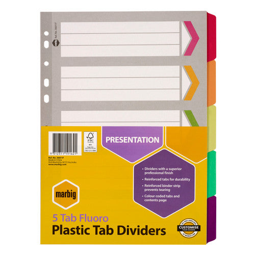 Marbig 5 Tab Fluoro Plastic Tab Dividers A4 in the yellow and purple pack showing pink, orange, lime, green and purple tabs