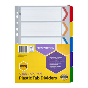 Marbig 35011F A4 manilla dividers with five reinforced tabs in red, yellow, blue, purple and green, in the 5 Tab Coloured Plastic Tab Dividers pack card