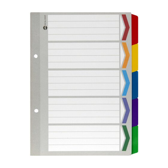 Marbig 35042F A5 divider set in grey manilla board with five coloured reinforced tabs and a ruled contents page with coloured arrows