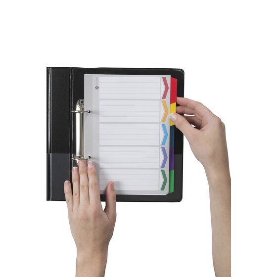 Hands turning a coloured tab in the Marbig 5 tab A5 reinforced divider set filed in a black 2 ring A5 binder