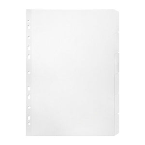 Marbig 37620F white manilla A4 divider set with six blank stepped tabs on the right edge and a punched binding edge