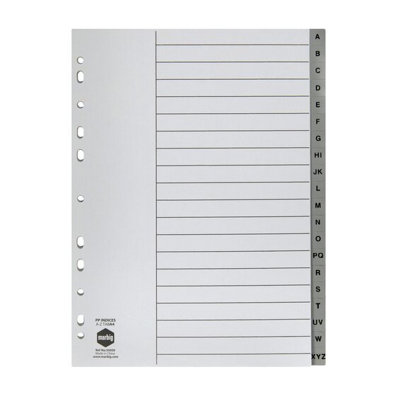 Marbig 35050 grey polypropylene A4 index with 20 lettered tabs from A to XYZ, a ruled contents page and a punched binding edge