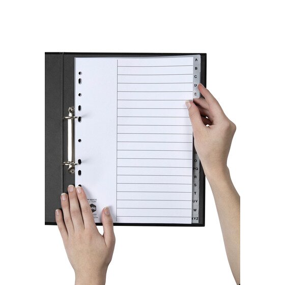 Hands turning to a lettered grey tab in a Marbig A to Z polypropylene divider set filed in a black A4 ring binder