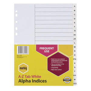 Marbig A-Z Tab White Alpha Indices A4 in a yellow Frequent Use pack, with white polypropylene tabs lettered A to XYZ down the right edge
