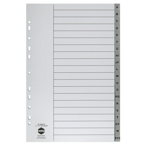 Marbig 35055 grey polypropylene foolscap A to Z index set with lettered tabs down the right edge and a ruled contents page