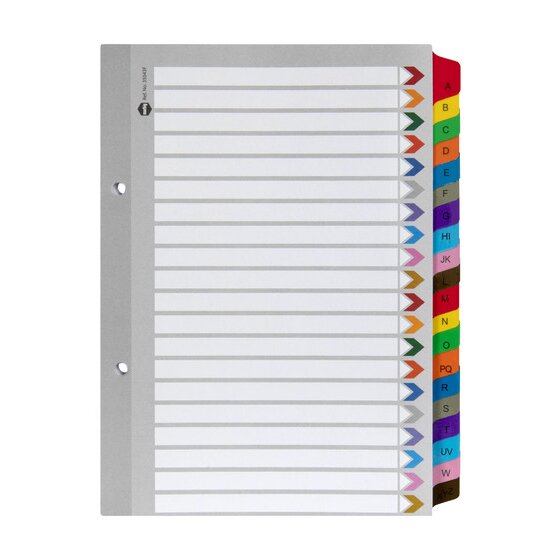 Marbig 35043F A5 divider set in grey manilla board with 20 coloured reinforced tabs lettered A to XYZ and a ruled contents page with coloured arrows