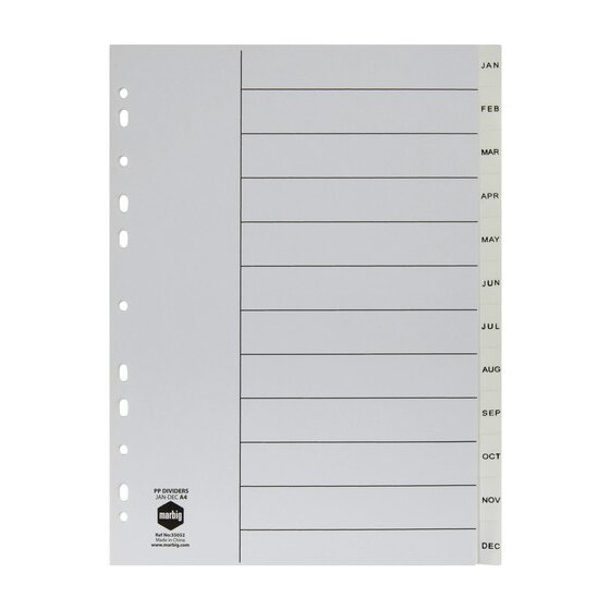 Marbig 35052 white polypropylene A4 divider set with tabs printed JAN to DEC down the right edge, ruled panels and a punched binding edge