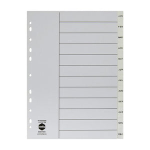 Marbig 35052 white polypropylene A4 divider set with tabs printed JAN to DEC down the right edge, ruled panels and a punched binding edge