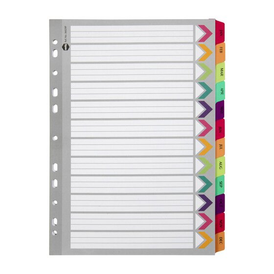 Marbig 36029F A4 divider set in grey manilla board with 12 fluoro reinforced tabs printed JAN to DEC and coloured arrows on the contents page