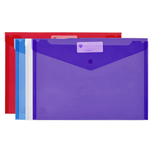 Marbig Doculope A4 document wallets in assorted colours fanned out on a white background