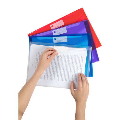 Stack of ten Marbig Doculope A4 document wallets showing assorted colour range