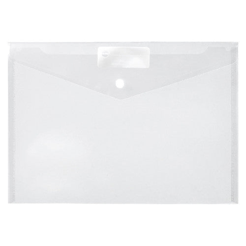 A colourless Marbig Doculope A4 document wallet closed flat, the envelope flap down over a round button stud with a white write on label panel across the top