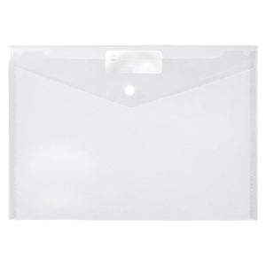 A colourless Marbig Doculope A4 document wallet closed flat, the envelope flap down over a round button stud with a white write on label panel across the top