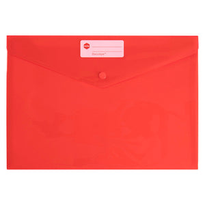 A Marbig Doculope A4 document wallet in translucent red, closed flat with the envelope flap down over a round button stud and a pink write on label panel across the top