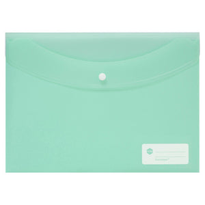 Mint pastel green Marbig Doculope A4 wallet, landscape, with a rounded flap buttoned shut and a white write-on panel in the lower right corner