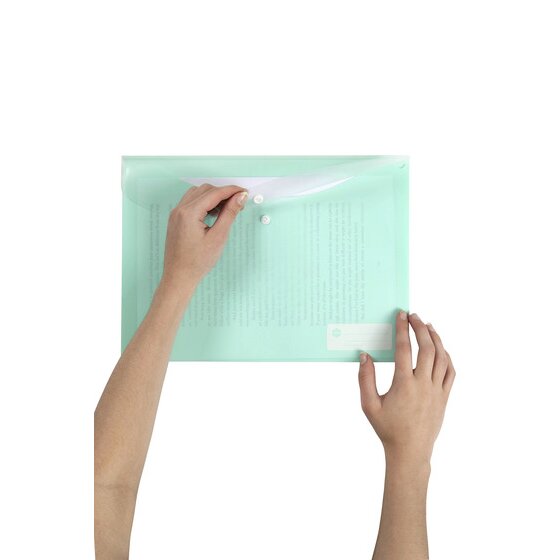 Two hands opening a pastel green Marbig Doculope A4 wallet to slide a page of printed text under the rounded flap