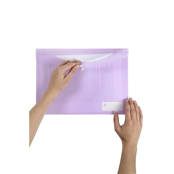Hands lifting the flap of a lilac Marbig Doculope wallet to slide a printed page inside, the label panel visible at the lower right