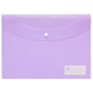 Pastel purple Marbig Doculope A4 wallet laid landscape with a curved flap on a white button and a label panel at the lower right