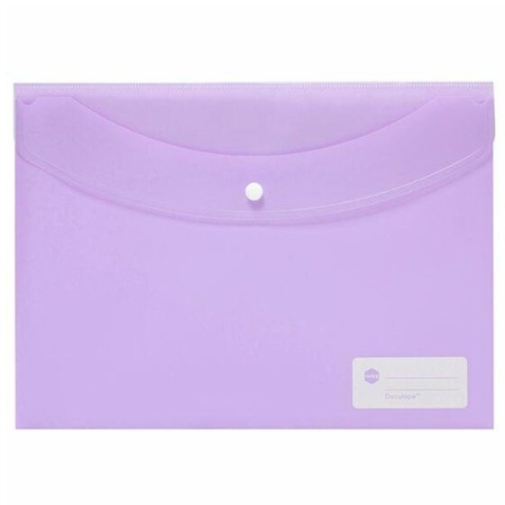 Lilac pastel Marbig Doculope A4 wallet laid landscape, curved flap buttoned down, write-on panel at the lower right