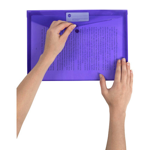 Hands pushing a printed page into a purple Marbig Doculope A4 wallet while holding the flap up clear of the button