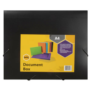 Marbig 2019902 black A4 document box closed with elastic corner straps and a yellow label listing 30mm capacity and up to 300 sheets
