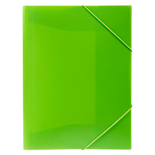 Marbig lime A4 document file closed, with green elastic straps pulled across the top and bottom right corners