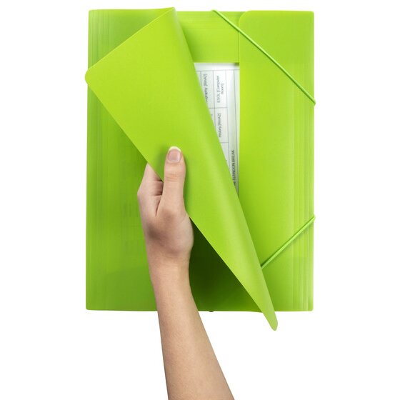 Hand lifting the front cover of a Marbig lime document file to show a printed A4 page held inside