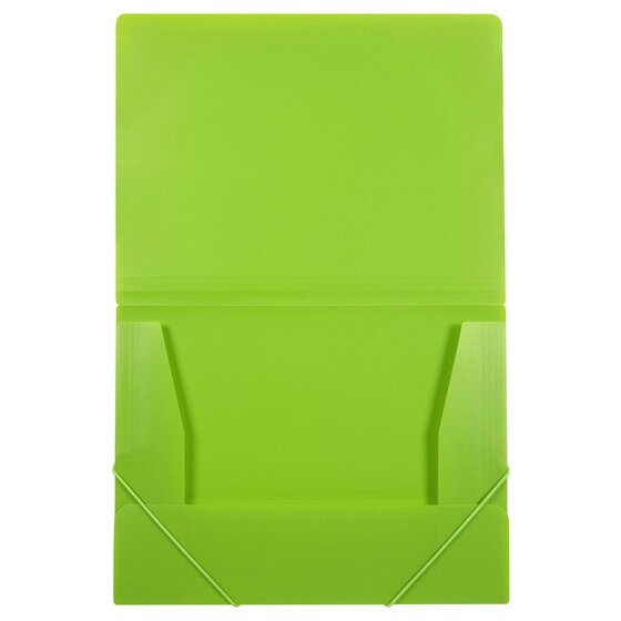 Marbig lime A4 document file opened flat with two side flaps and a bottom flap folded in and elastic straps on the lower corners