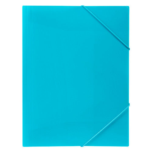 Closed Marbig marine document file seen from the front with elastic straps across two right hand corners, shown in a bright cyan