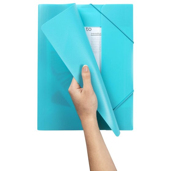 Hand peeling back the translucent marine cover of a Marbig document file to reveal a printed page inside