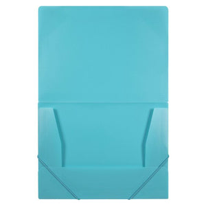 Marbig marine teal blue A4 document file opened flat showing the side flaps, the bottom flap and elastic straps on the lower corners
