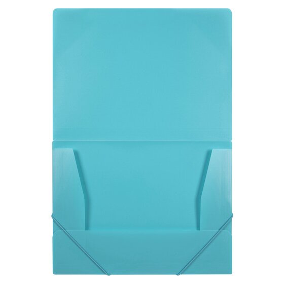 Marbig marine teal blue A4 document file opened flat showing the side flaps, the bottom flap and elastic straps on the lower corners