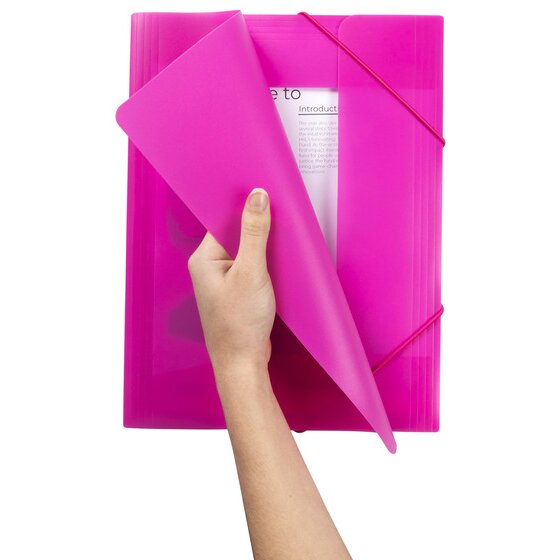 Hand lifting the pink cover of a Marbig A4 document file with a printed sheet visible underneath