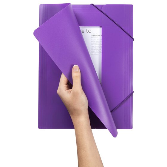 Hand folding back the purple cover of a Marbig document file to show a printed A4 page tucked inside
