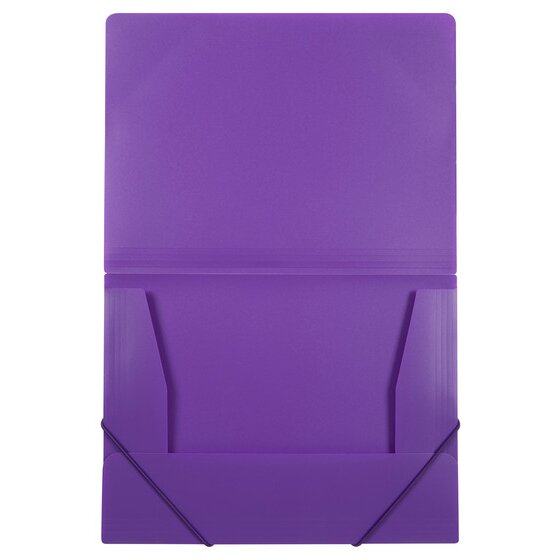 Marbig purple A4 document file opened out flat with side flaps, a bottom flap and dark purple elastic straps on the lower corners