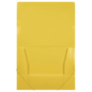 Marbig yellow A4 document file open flat with its side flaps and bottom flap folded in and yellow elastic on the lower corners