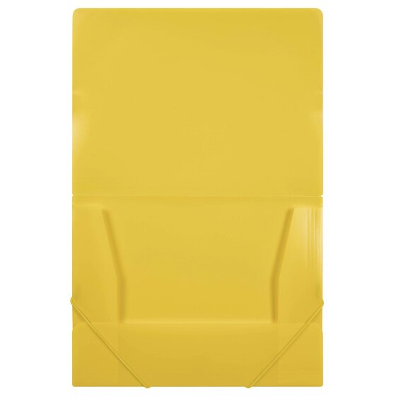 Marbig yellow A4 document file open flat with its side flaps and bottom flap folded in and yellow elastic on the lower corners