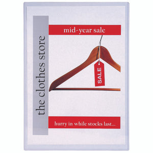 Marbig 90081 clear A3 PVC document protector holding a clothes store mid year sale poster with a red hanger graphic