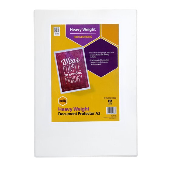Marbig Heavy Weight Document Protector A3 retail card on a clear rigid sleeve, reading 380 microns and use instead of lamination