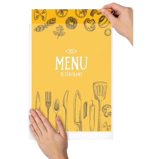 Hands sliding a yellow restaurant menu into the open side of a clear Marbig A3 PVC document protector