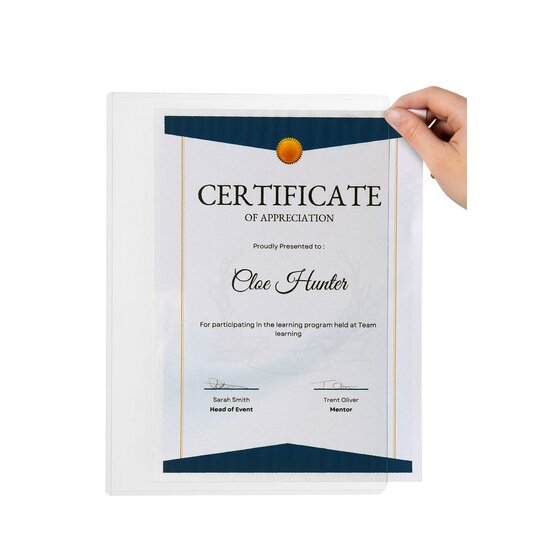 Hand sliding a certificate of appreciation into the open side of a clear rigid Marbig A4 PVC document protector