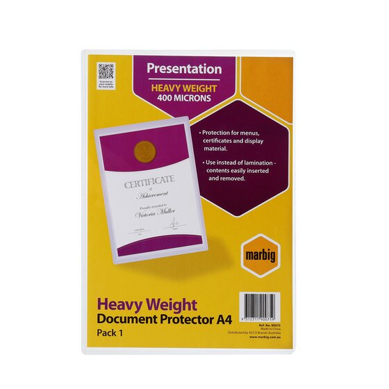 Marbig Presentation Heavy Weight Document Protector A4 retail card reading 400 microns, Pack 1, shown on the clear sleeve