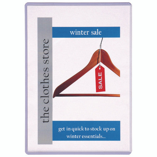 Marbig 90076 clear A5 PVC document protector holding a clothes store winter sale card with a hanger and blue banners